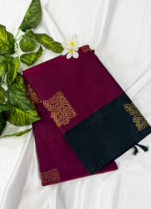 Deep Wine Soft Silk Saree with Dark Bottle Green / Black Contrast Border