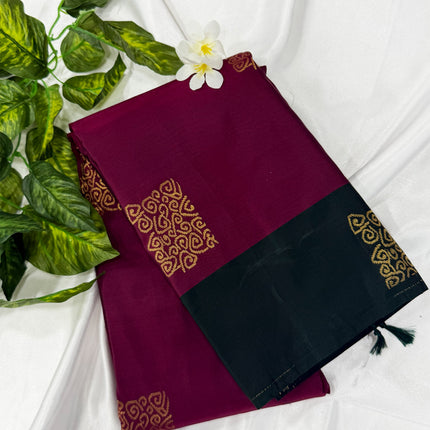 Deep Wine Soft Silk Saree with Dark Bottle Green / Black Contrast Border