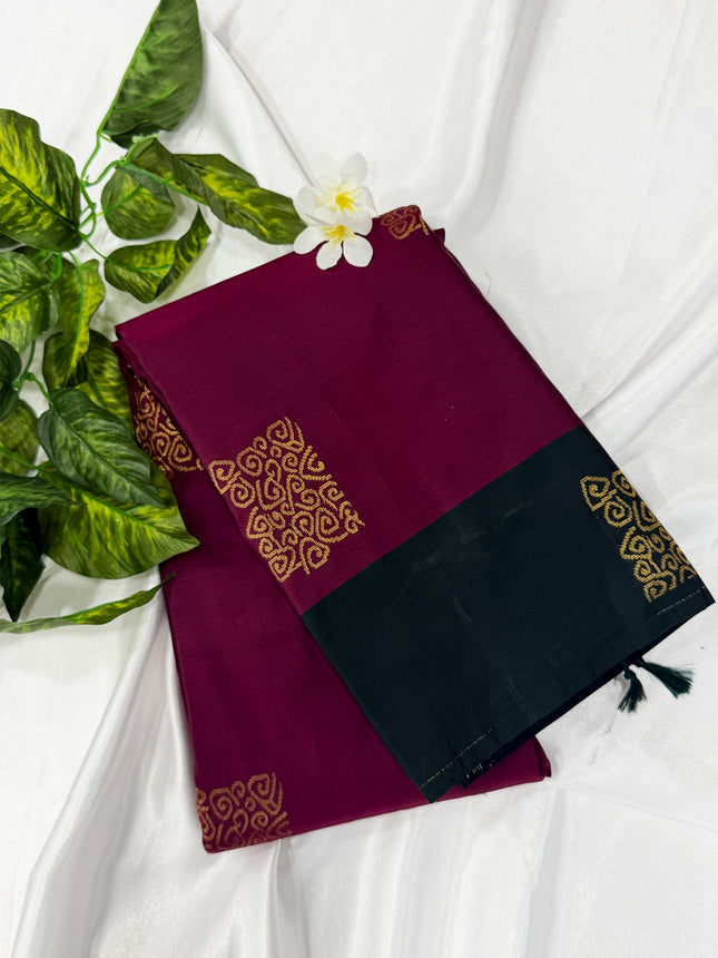 Deep Wine Soft Silk Saree with Dark Bottle Green / Black Contrast Border