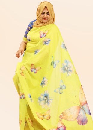 Lime Green Butterfly Watercolor Print Chiffon Saree