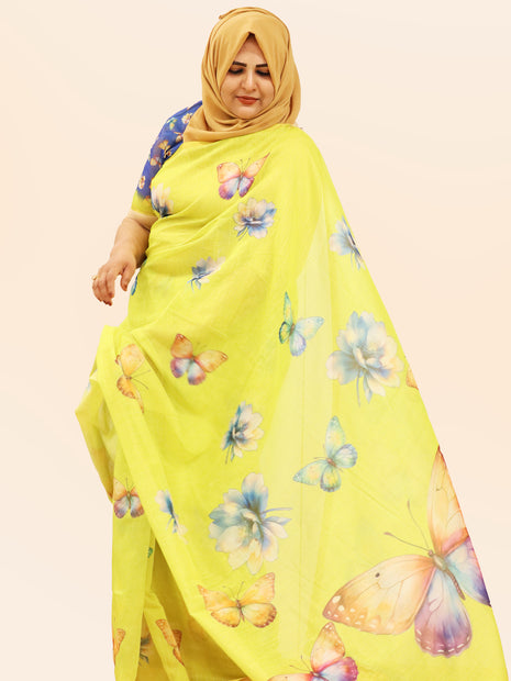 Lime Green Butterfly Watercolor Print Chiffon Saree