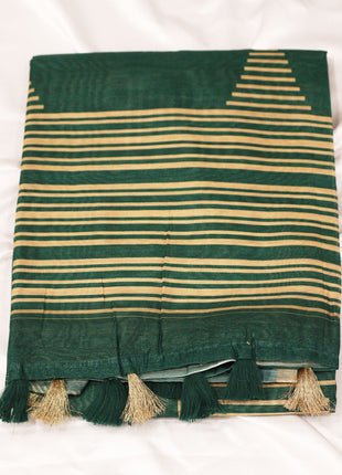 Modern Forest Green & Beige Striped Handloom Saree