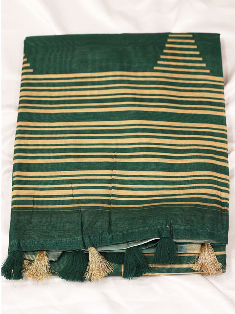 Modern Forest Green & Beige Striped Handloom Saree