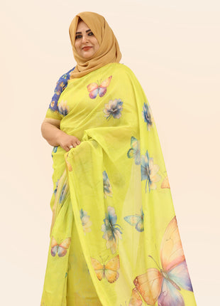 Lime Green Butterfly Watercolor Print Chiffon Saree