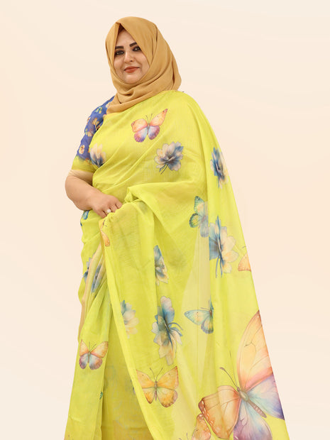 Lime Green Butterfly Watercolor Print Chiffon Saree