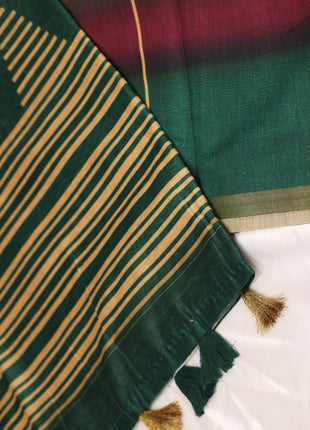 Modern Forest Green & Beige Striped Handloom Saree