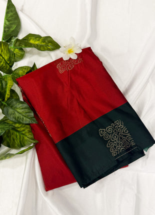 Crimson Red Soft Silk Saree with Contrast Bottle Green Border