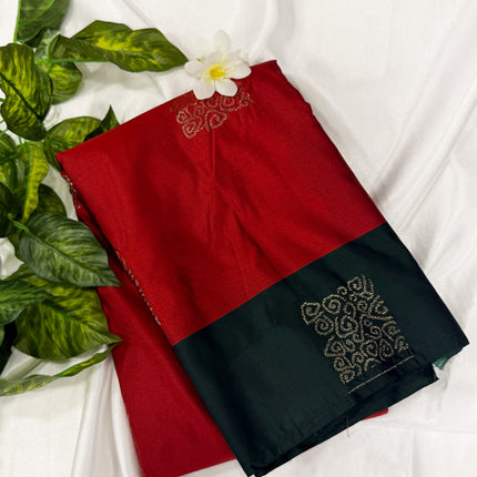Crimson Red Soft Silk Saree with Contrast Bottle Green Border