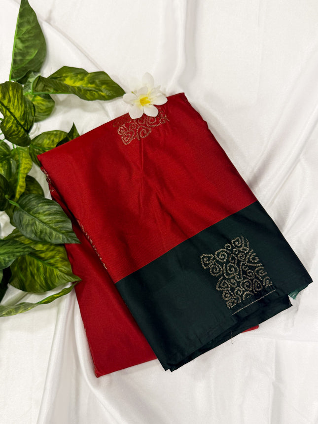 Crimson Red Soft Silk Saree with Contrast Bottle Green Border