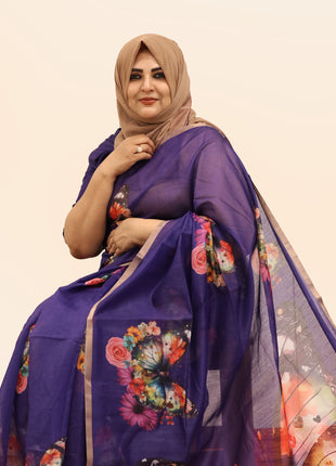 Royal Violet Butterfly & Floral Print Chiffon Saree