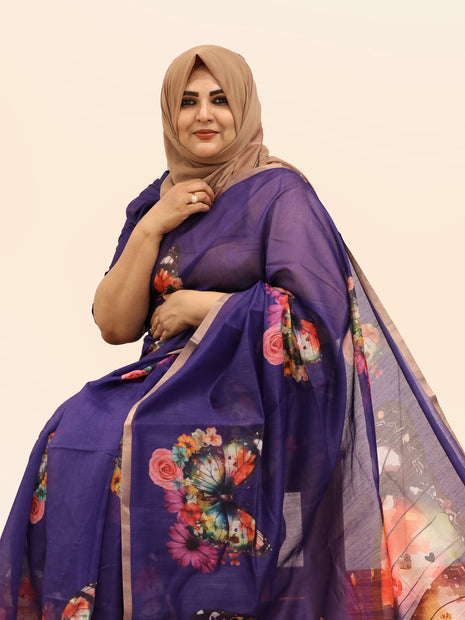 Royal Violet Butterfly & Floral Print Chiffon Saree