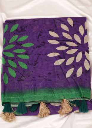 Vibrant Purple & Green Batik Leaf Print Saree