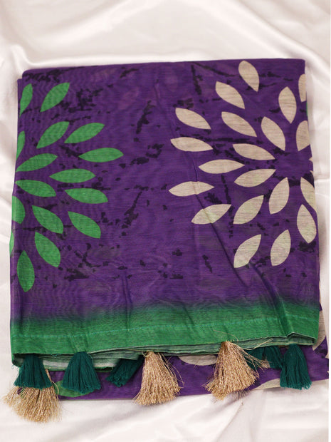 Vibrant Purple & Green Batik Leaf Print Saree