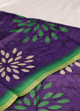 Vibrant Purple & Green Batik Leaf Print Saree