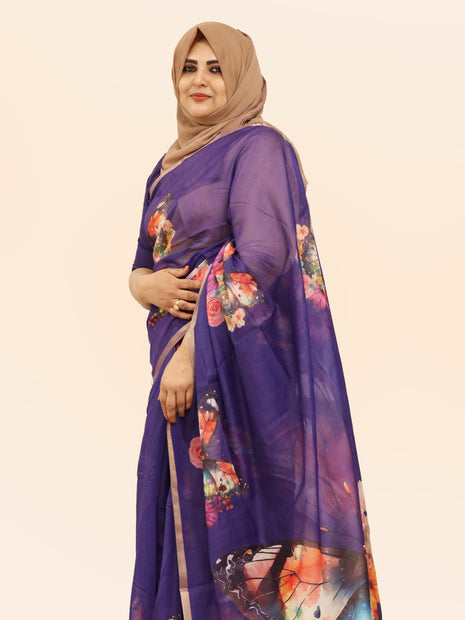 Royal Violet Butterfly & Floral Print Chiffon Saree