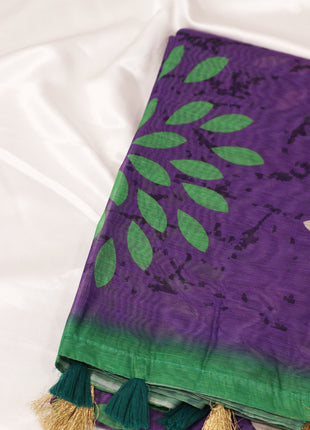 Vibrant Purple & Green Batik Leaf Print Saree