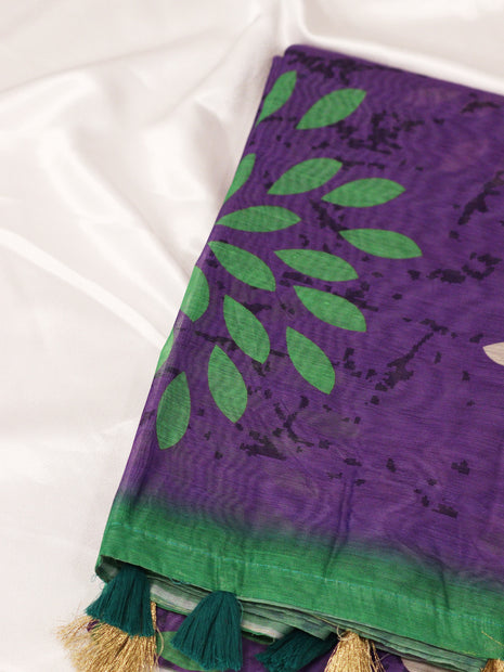 Vibrant Purple & Green Batik Leaf Print Saree