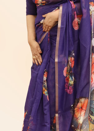 Royal Violet Butterfly & Floral Print Chiffon Saree