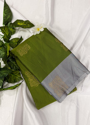 Olive Green Soft Silk Saree with Contrast Silver-Grey Border