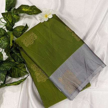 Olive Green Soft Silk Saree with Contrast Silver-Grey Border