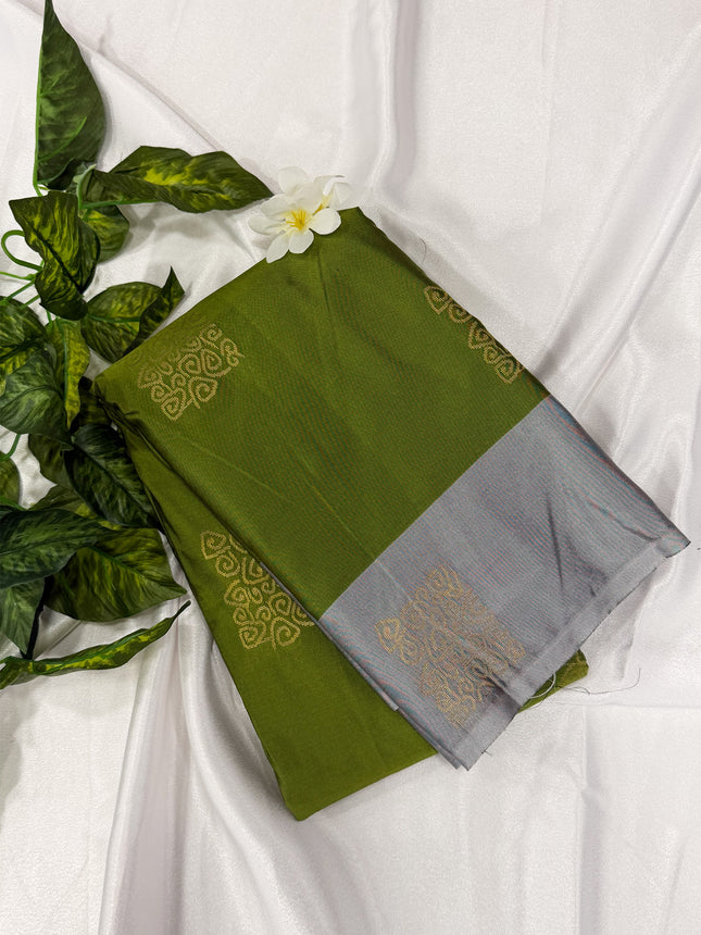 Olive Green Soft Silk Saree with Contrast Silver-Grey Border