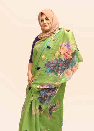 Olive Green Peacock & Floral Digital Print Linen Cotton Saree