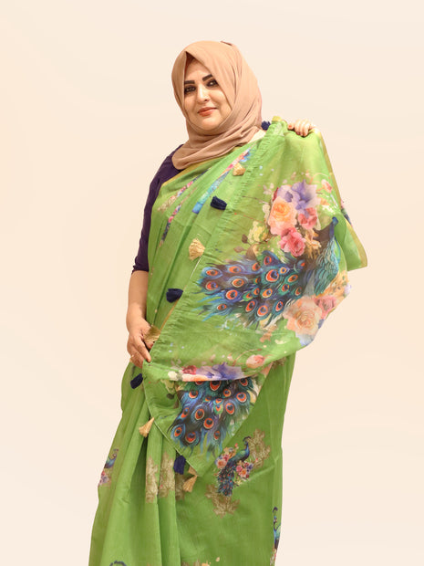 Olive Green Peacock & Floral Digital Print Linen Cotton Saree