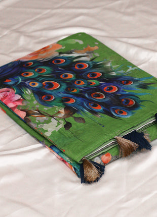 Olive Green Peacock Feather Print Saree