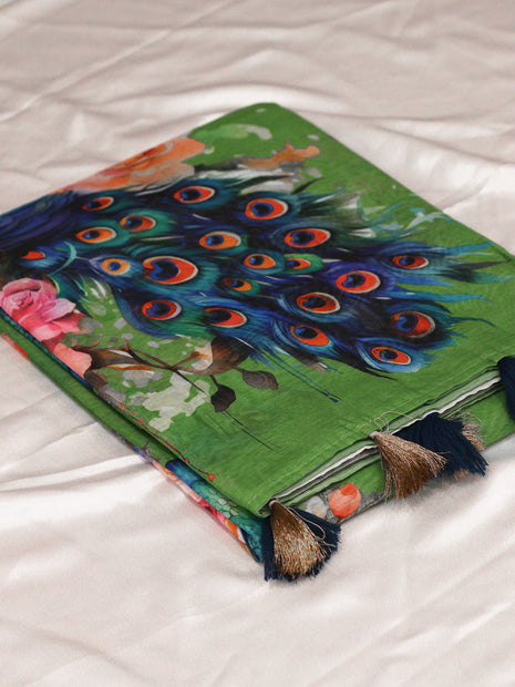 Olive Green Peacock Feather Print Saree
