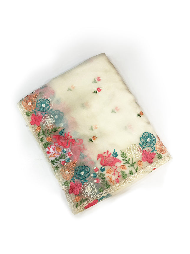 Cream Floral Embroidery Saree