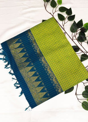 Premium Lime Green & Peacock Blue Kalyani Cotton Saree
