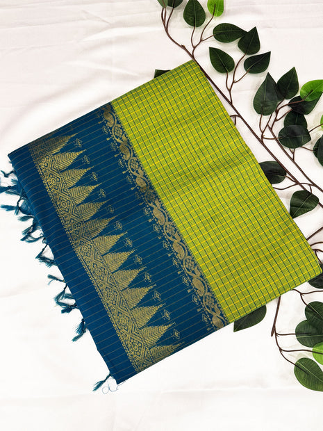 Premium Lime Green & Peacock Blue Kalyani Cotton Saree