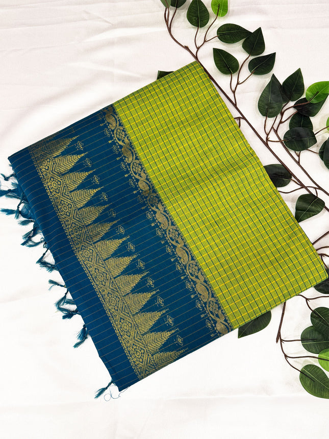 Premium Lime Green & Peacock Blue Kalyani Cotton Saree