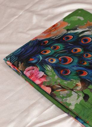 Olive Green Peacock Feather Print Saree