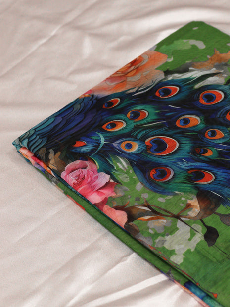 Olive Green Peacock Feather Print Saree