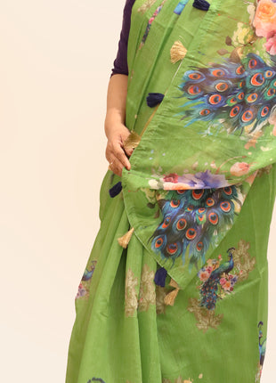 Olive Green Peacock & Floral Digital Print Linen Cotton Saree