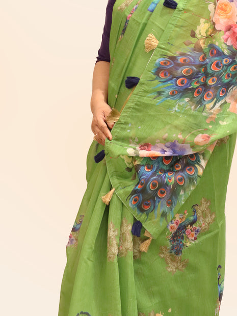 Olive Green Peacock & Floral Digital Print Linen Cotton Saree