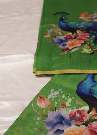 Olive Green Peacock Feather Print Saree