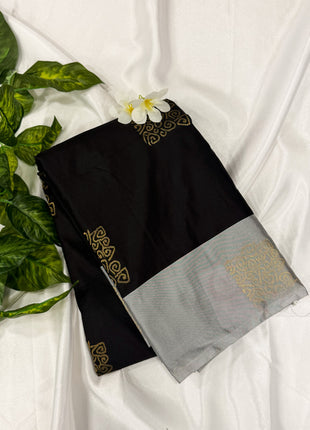 Jet Black Soft Silk Saree with Contrast Silver Border
