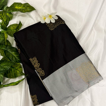 Jet Black Soft Silk Saree with Contrast Silver Border