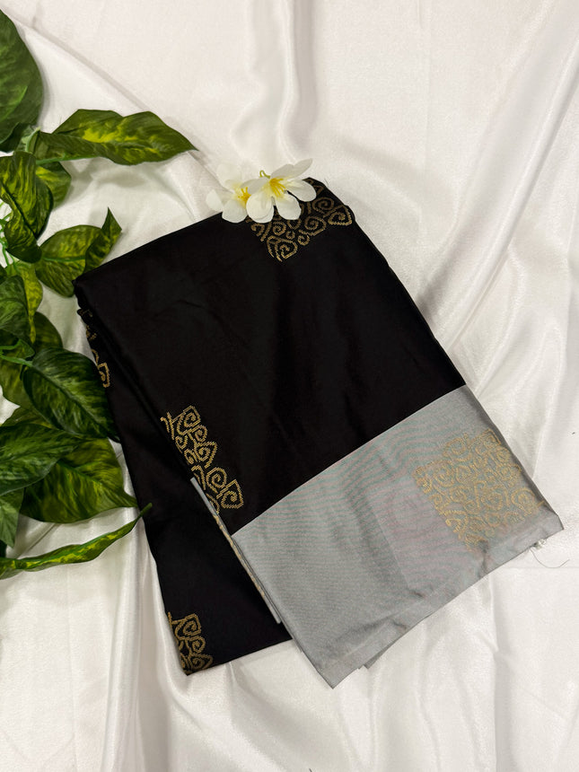 Jet Black Soft Silk Saree with Contrast Silver Border