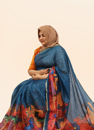 Teal Blue Pichwai Cow Print Cotton Linen Saree