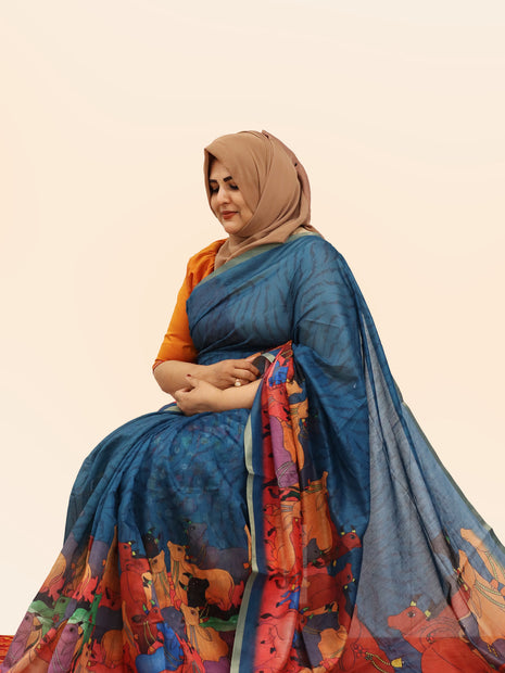 Teal Blue Pichwai Cow Print Cotton Linen Saree