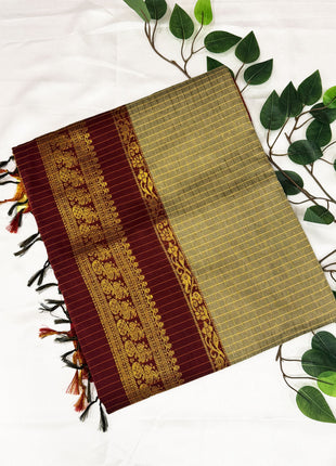 Premium Olive Beige &amp; Deep Maroon Kalyani Cotton Saree