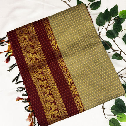 Premium Olive Beige &amp; Deep Maroon Kalyani Cotton Saree