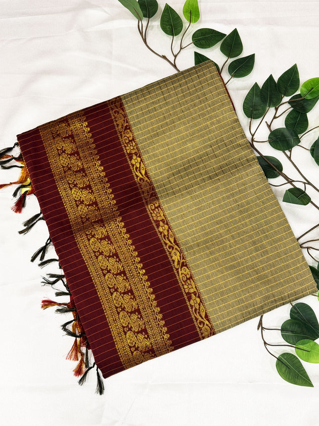 Premium Olive Beige &amp; Deep Maroon Kalyani Cotton Saree