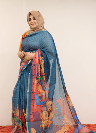 Teal Blue Pichwai Cow Print Cotton Linen Saree