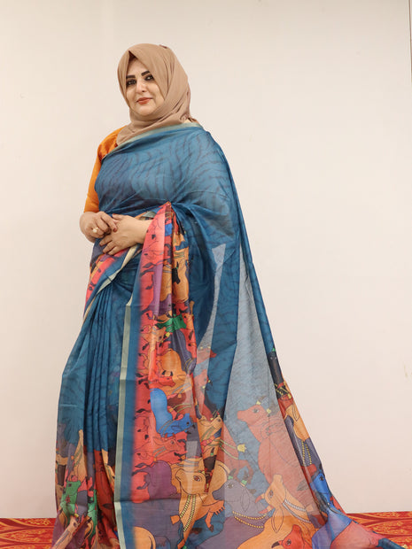 Teal Blue Pichwai Cow Print Cotton Linen Saree