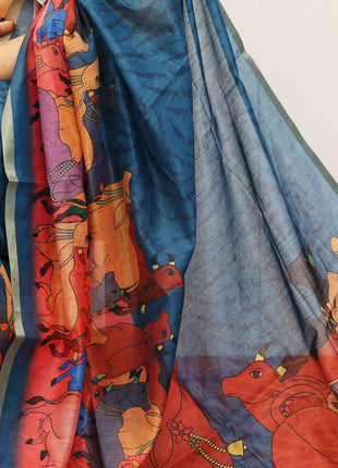 Teal Blue Pichwai Cow Print Cotton Linen Saree