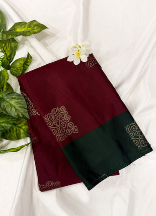 Deep Maroon Soft Silk Saree with Contrast Bottle Green Border